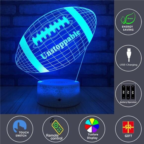 Football lamp, Rugby Ball Bedside Lamp 7 Colors Change+Remote Control with Timer - Picture 2 of 7